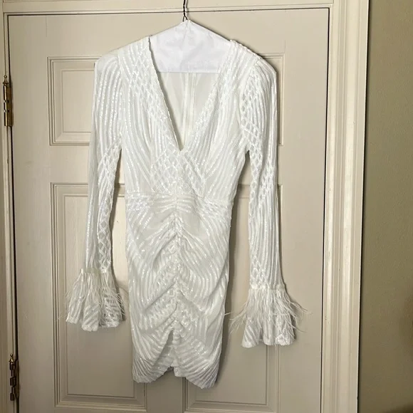 Windsor Dresses | Windsor Paola White Sequin Short Dress With Feathers On Sleeves | Color: White | Size: S | Pm-40034942's Closet Windsor Dresses | Windsor Paola White Sequin Short Dress With Feathers On Sleeves | Color: White | Size: S | Pm-40034942's Closet